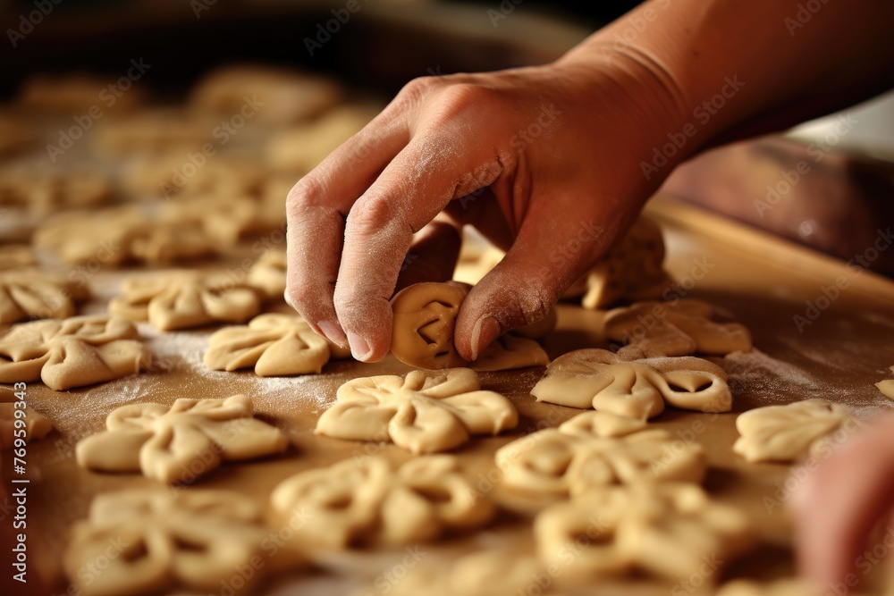 Selective focus on a baker's hands forming cookie dough into shapes.