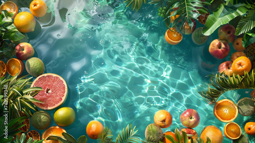An overhead view of a swimming pool full of summer tropical fruit