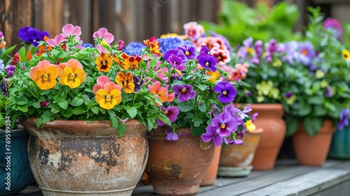 Potted flowering plants, such as petunias and pansies, on a quaint patio