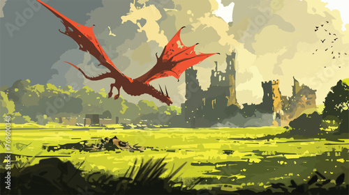 Pnting of red dragon flying over a lush green field white photo
