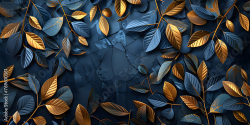 Gold background with colorful leaves and stars in the style of dark teal and dark skyblue.