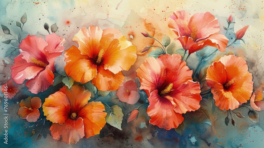 Rich Watercolor Blooms with Saturated Pigments on Paper Texture, Vibrant Depiction of Anemones in Shades of Pink and Blue, Concept of Floral Artistry and Elegance