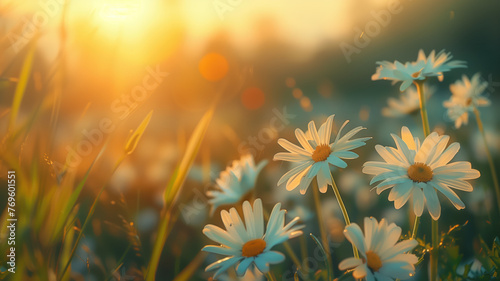 idyllic daisy bloom abstract soft focus sunset field landscape of white flowers blur grass meadow warm golden hour sunset sunrise time tranquil spring summer nature closeup bokeh forest background #769601551