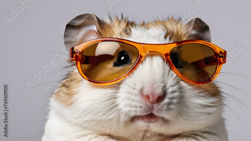 a hamster in sunglasses on a light gray background. the copy space. for postcards, advertisements. the concept of vacation, rest, sun, summer