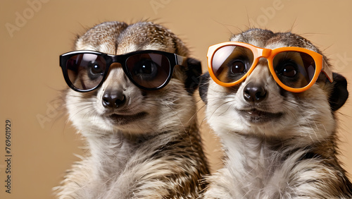 meerkats in sunglasses on a beige background. the copy space. for postcards, advertisements. The concept of friends on vacation, vacation, sun, summer
