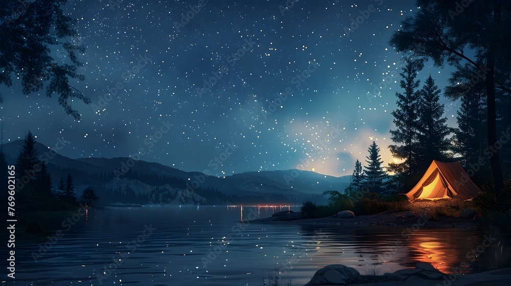 Serene Lakeside Camping Beneath a Starry Night Sky Peaceful Solitude in a Tranquil Wilderness Retreat - obrazy, fototapety, plakaty 