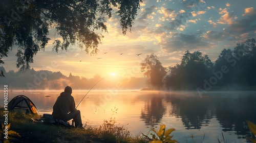 Tranquil Fishing Retreat by mist Lake at Sunrise with Camping Gear