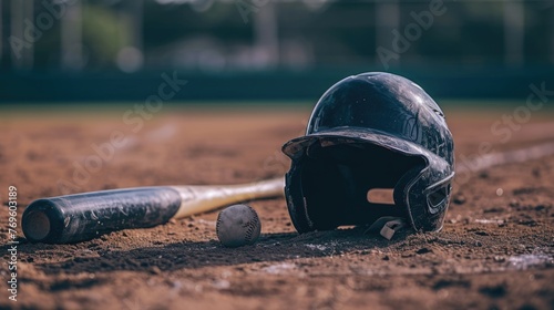 Baseball helmet, bat and ball ready for a game photo
