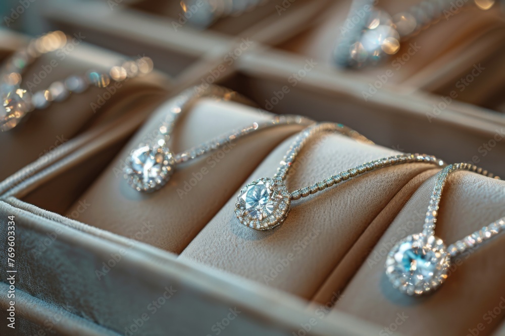 Luxury Diamond Necklaces in Velvet Display
