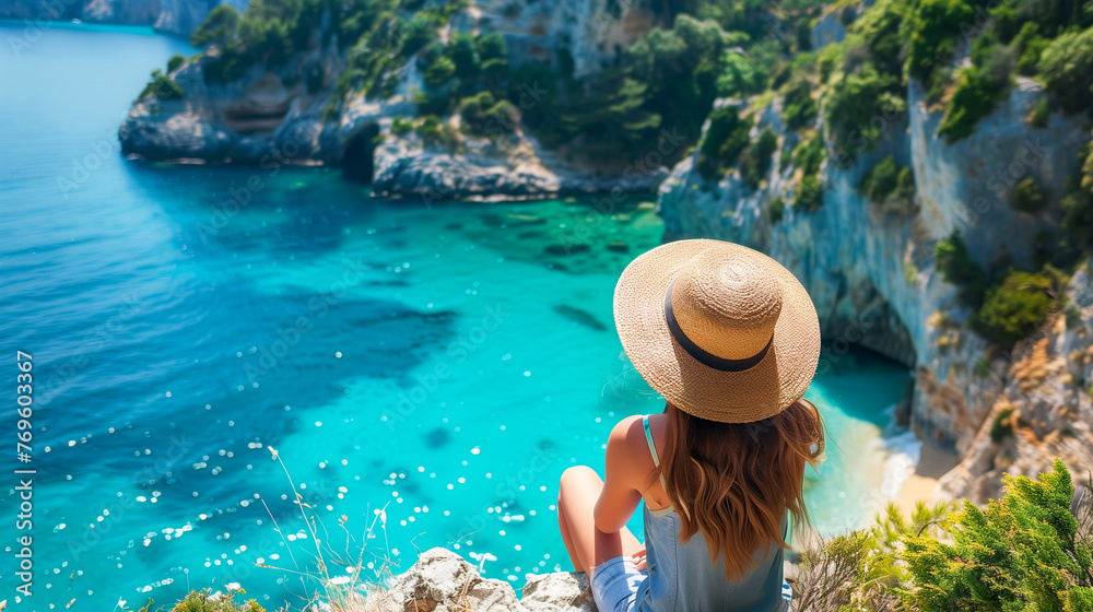 Woman gazing out at the azure waters of a cliffside cove, on the edge of paradise.