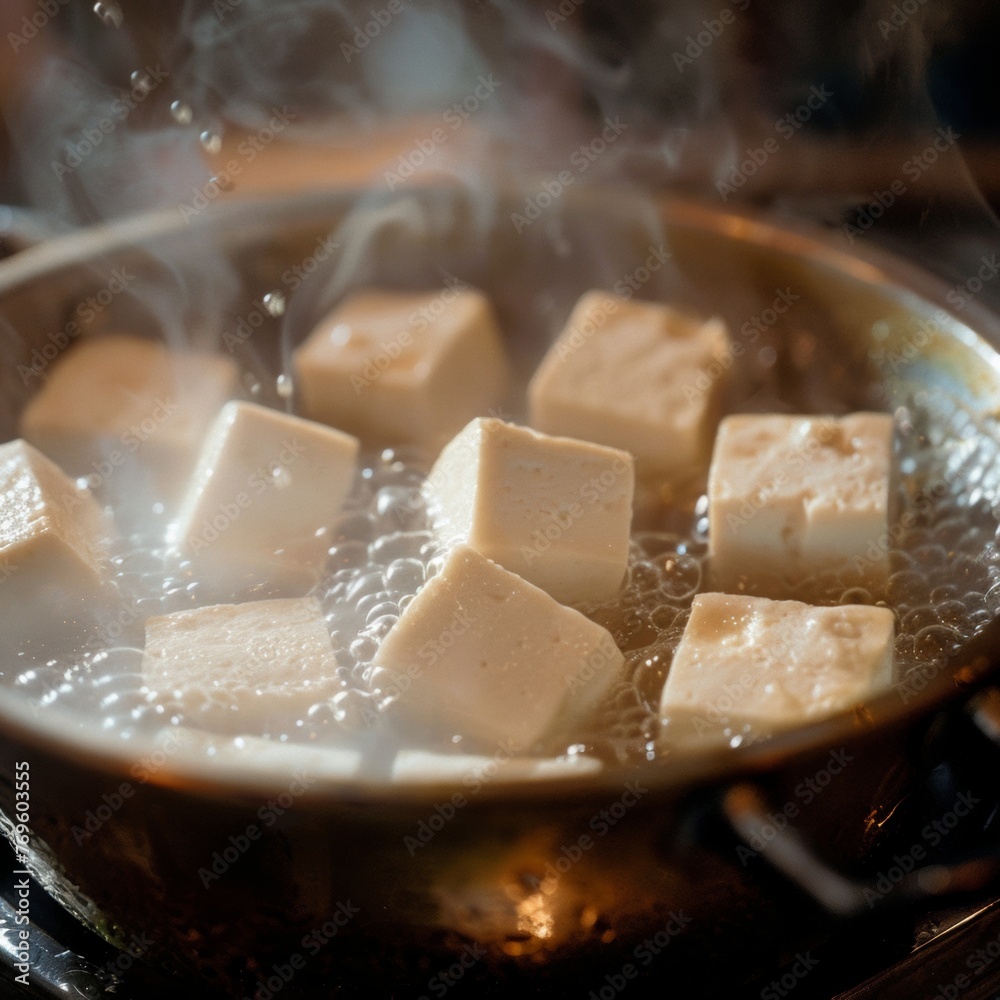 A close-up of tofu being gently placed into a bubbling pot A close-up of tofu being gently placed into a bubbling pot
