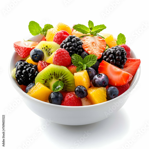 Delicious fruit salad in a bowl isolated on a white background. High quality