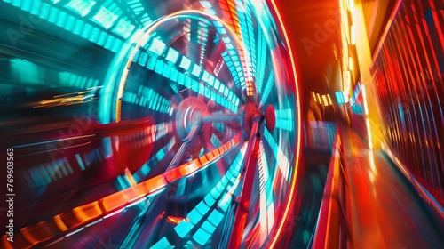 Futuristic Tunnel with Vibrant Lights and Motion Blur. Dynamic Speed Concept. Technology Themed Image with a Modern Design. AI © Irina Ukrainets