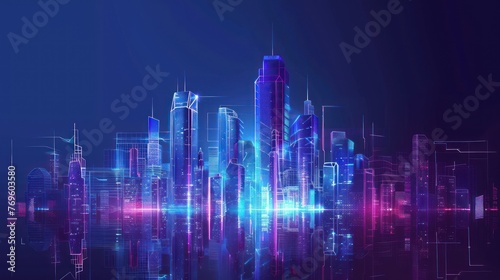 City skyline with neon lights  futuristic buildings. Skyscraper futuristic city.