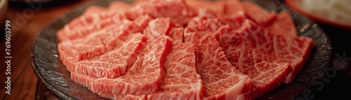 A detailed shot of thinly sliced beef its marbling exquisite