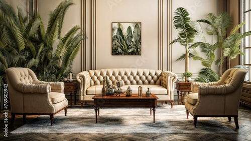 Modern living room, Beige tufted chesterfield sofa