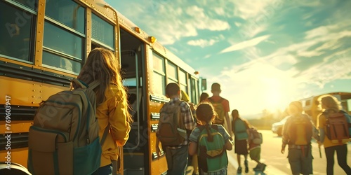 Diverse group of schoolchildren boarding a bus for school ready for the new semester. Concept Back to School, Children, School Bus, Diverse Group, New Semester photo