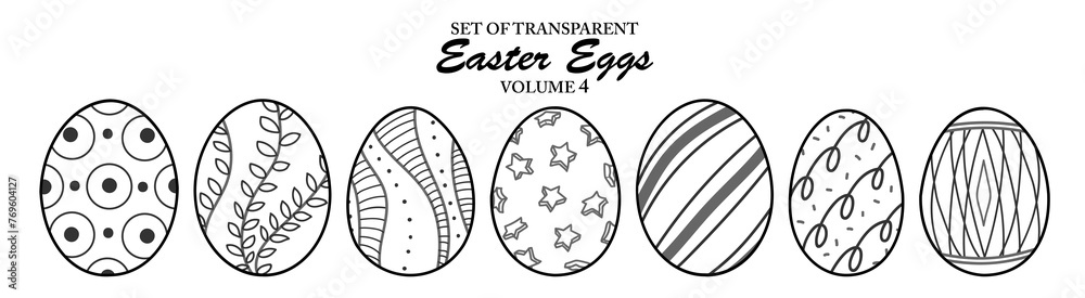 A series of isolated decorations for Easter day in cute hand drawn style. Easter Eggs in black outline and white plain on transparent background. Elements for coloring book or sticker. Volume 4. A series of isolated decorations for Easter day in cute hand drawn style. Easter Eggs in black outline and white plain on transparent background. Elements for coloring book or sticker. Volume 4.