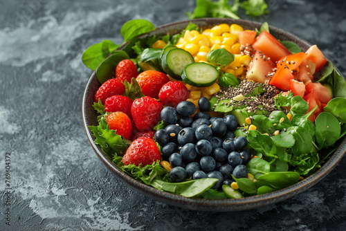 A Bountiful Vegan Plate  Vibrant and Nutrient-Rich  vegan food  fruit  vegetable  seeds  superfood  cereal  leaf vegetable 