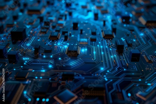Abstract digital background with blue circuit design. It showcases technology, chips, and innovations, rendered in 3D.