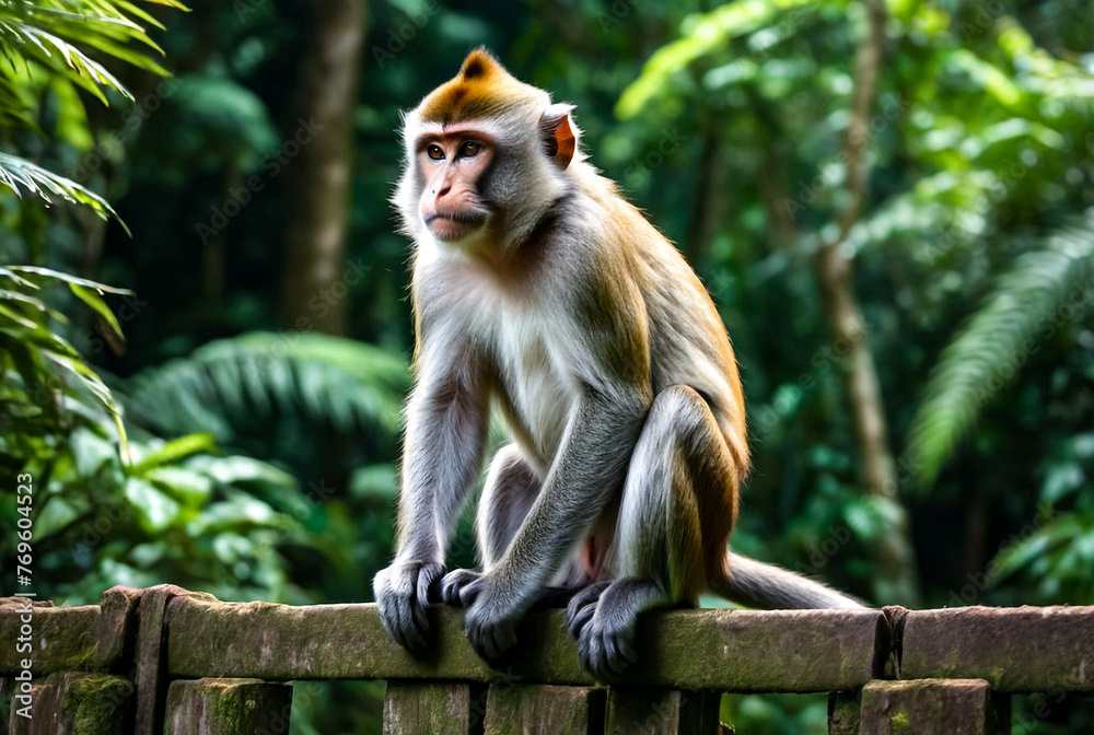 Monkey eats bread. Monkey looks away, sitting on old fence in monkey forest. Wildlife photography. Monkey for banner or visit card. Author's space. Large space for an inscription or logo