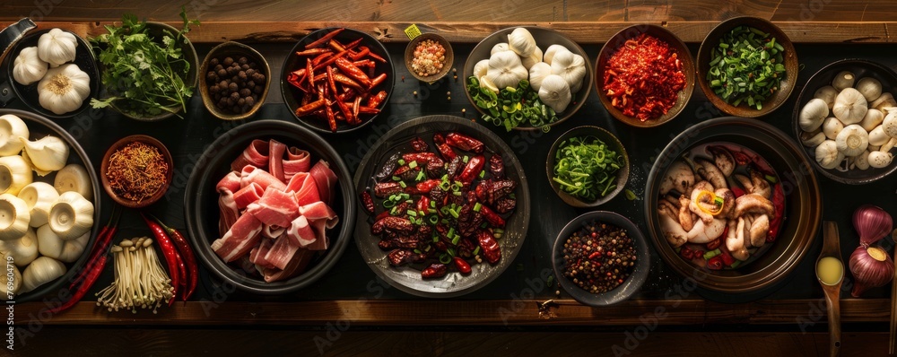 A tableau of hot pot ingredients each telling its own story - obrazy, fototapety, plakaty 