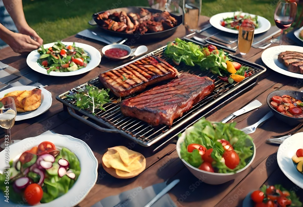 Backyard dinner table have a tasty grilled BBQ meat, Salads and wine