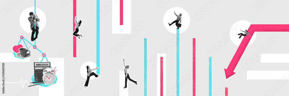 Contemporary art collage. Young people, trying to balance between work and life go over graphs and diagrams looks as steps. Concept of business, career development, finances, teamwork, office - obrazy, fototapety, plakaty 