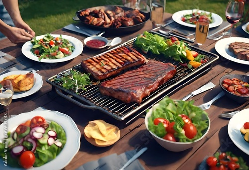 Backyard dinner table have a tasty grilled BBQ meat  Salads and wine