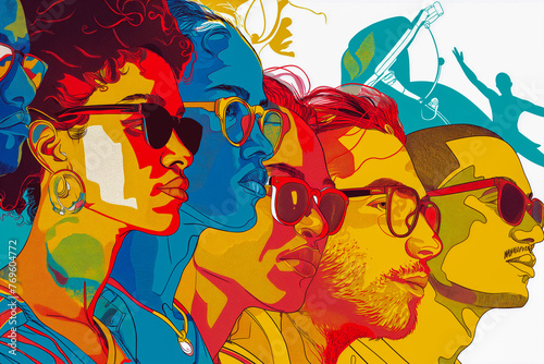 Ink style colourful illustration of diverse young people wearing glasses and sunglasses  profile view.