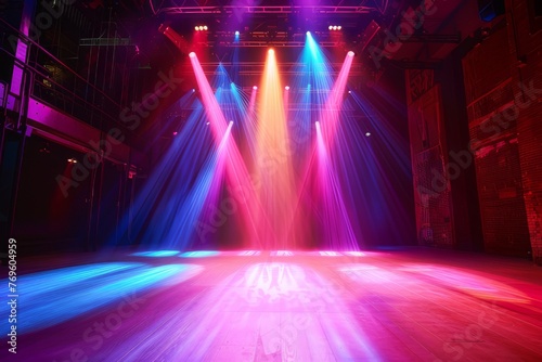 Vivid  colorful spotlights illuminate the stage floor with radiant beams of light intertwining in the performance space.