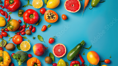 photo of a colorful assortment of fruits and vegetables on a vibrant blue background with plenty of room for text or design elements with copy space Generative AI © Pavithiran