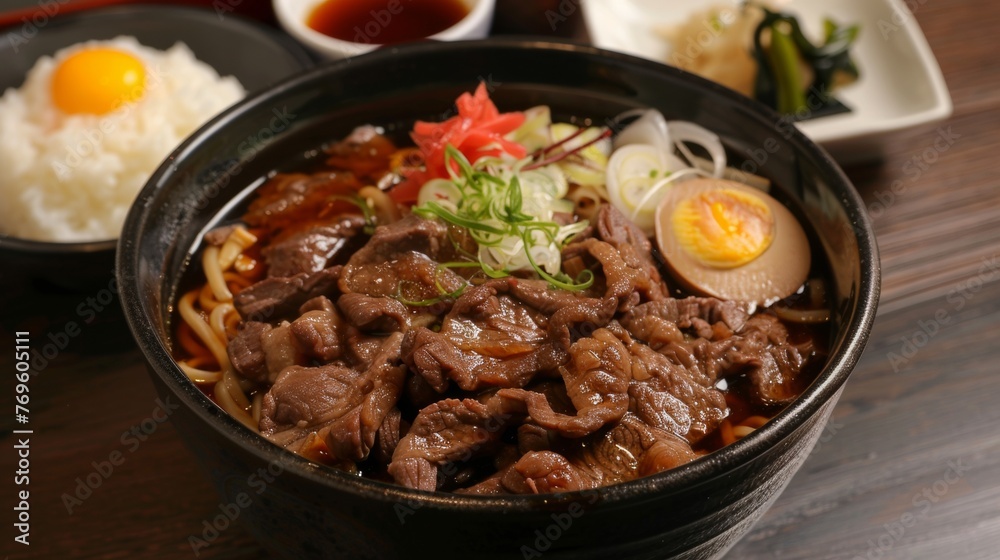 An inviting Sukiyaki feast highlighting the glossy sheen of thinly sliced beef An inviting Sukiyaki feast highlighting the glossy sheen of thinly sliced beef