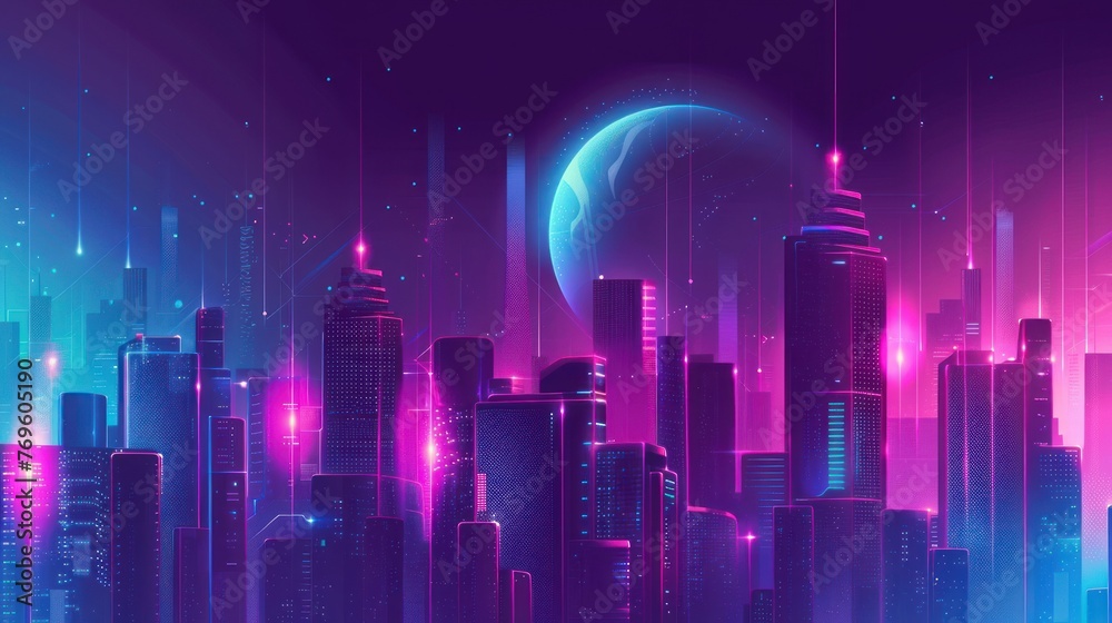 City skyline with neon lights, futuristic buildings. Skyscraper futuristic city.