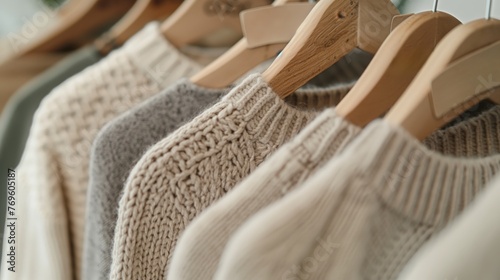 Close-up of assorted cozy knitted sweaters on wooden hangers, symbolizing seasonal fashion and comfort.