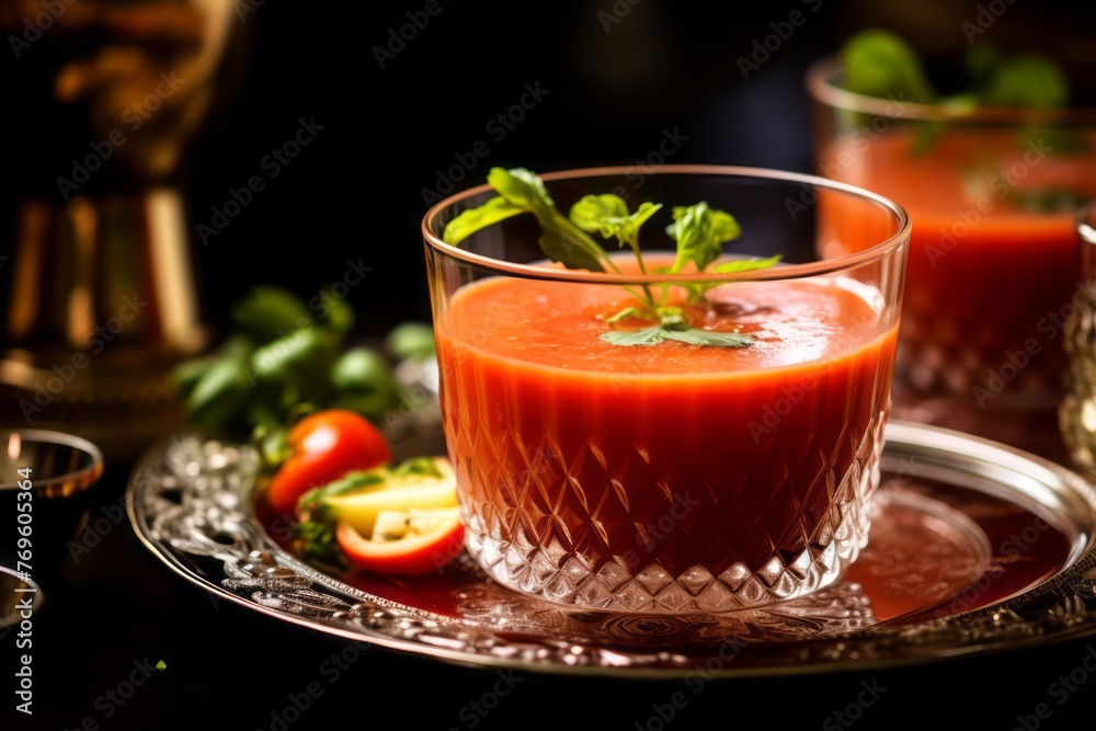 Hearty gazpacho on a porcelain platter against a frosted glass background Hearty gazpacho on a porcelain platter against a frosted glass background