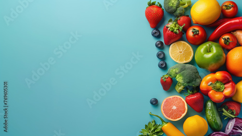 photo of a colorful assortment of fruits and vegetables on a vibrant blue background with plenty of room for text or design elements with copy space Generative AI