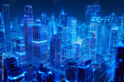 Rooftop view of cityscape with skyscrapers and holographic overlays.