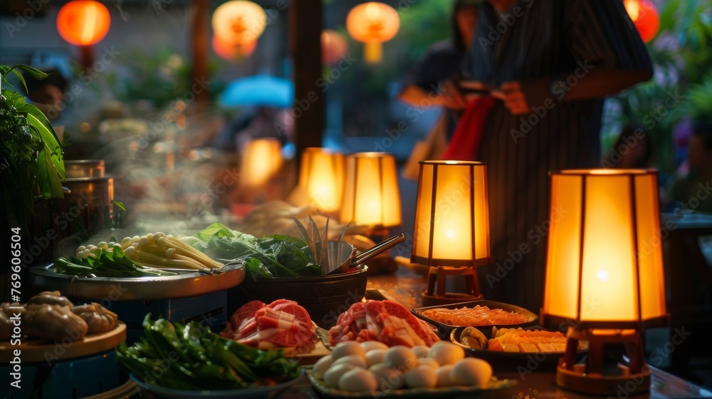 Twilight over a shabu-shabu setup with soft lantern light warming the array of vibrant