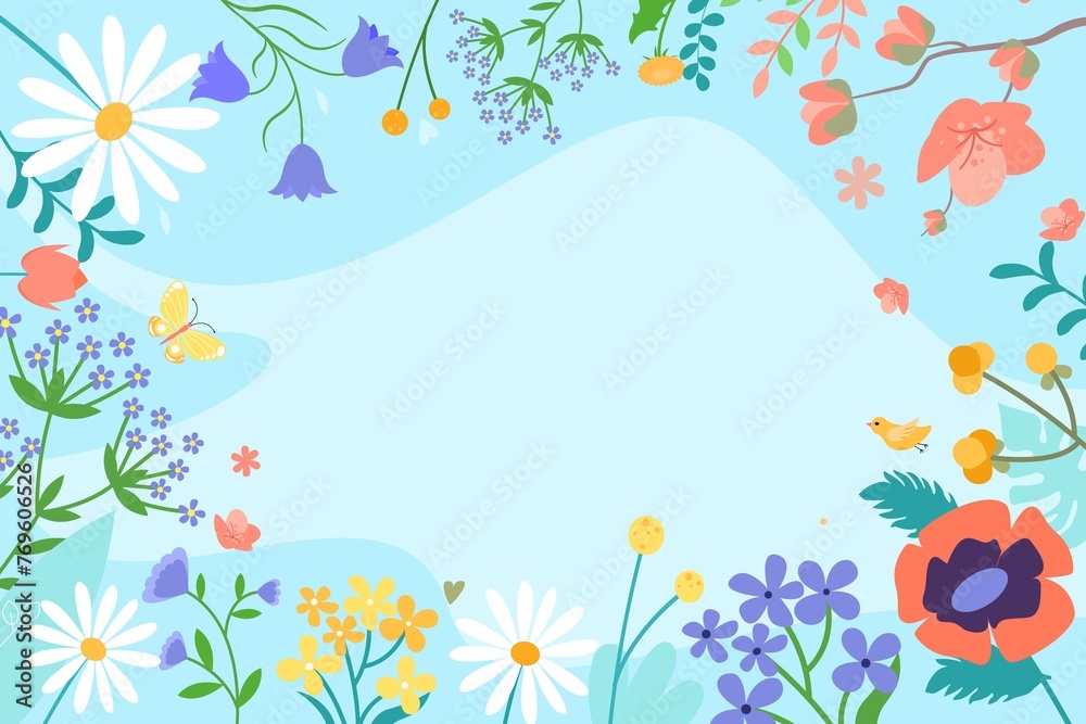Hand drawn flat spring background with a frame of colorful blooming flowers