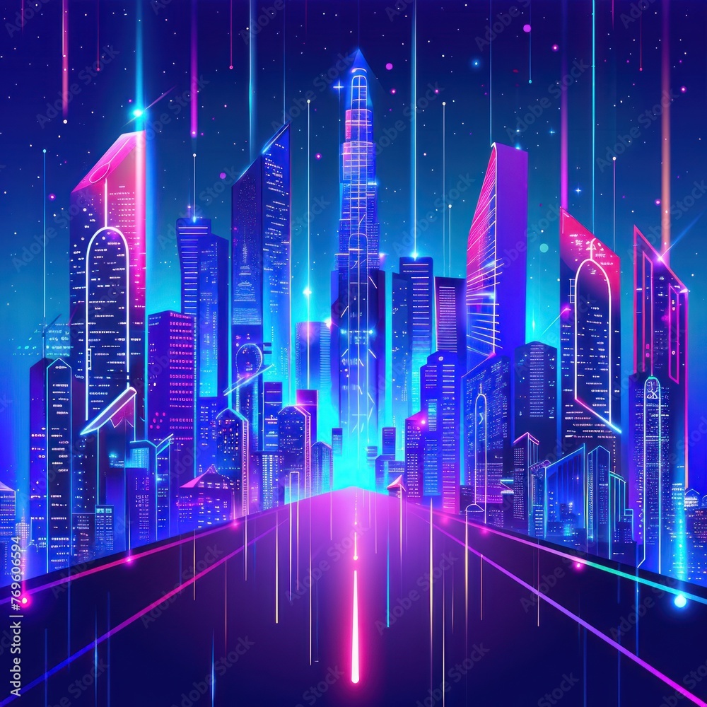 City skyline with neon lights, futuristic buildings. Skyscraper futuristic city.