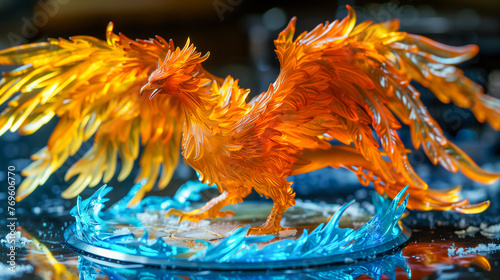 A fiery orange and yellow phoenix clashes with cool blue flames, symbolizing rebirth and transformation on a dark backdrop