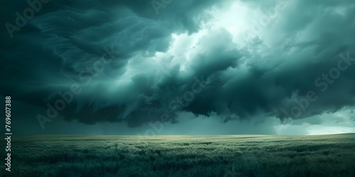 A digital illustration of storm clouds over a field capturing the moment before heavy rain begins. Concept Digital Illustration, Storm Clouds, Field Landscape, Moment Before Rain, Atmospheric Scene © Anastasiia