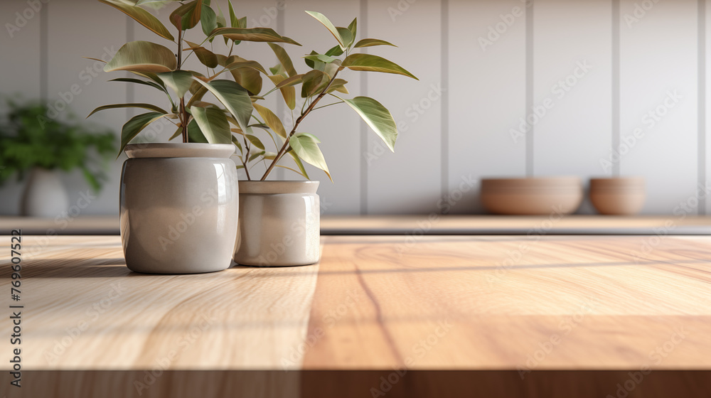 Two ceramic pots with green leaves on a wooden table in front of a blurred background Two ceramic pots with green leaves on a wooden table in front of a blurred background