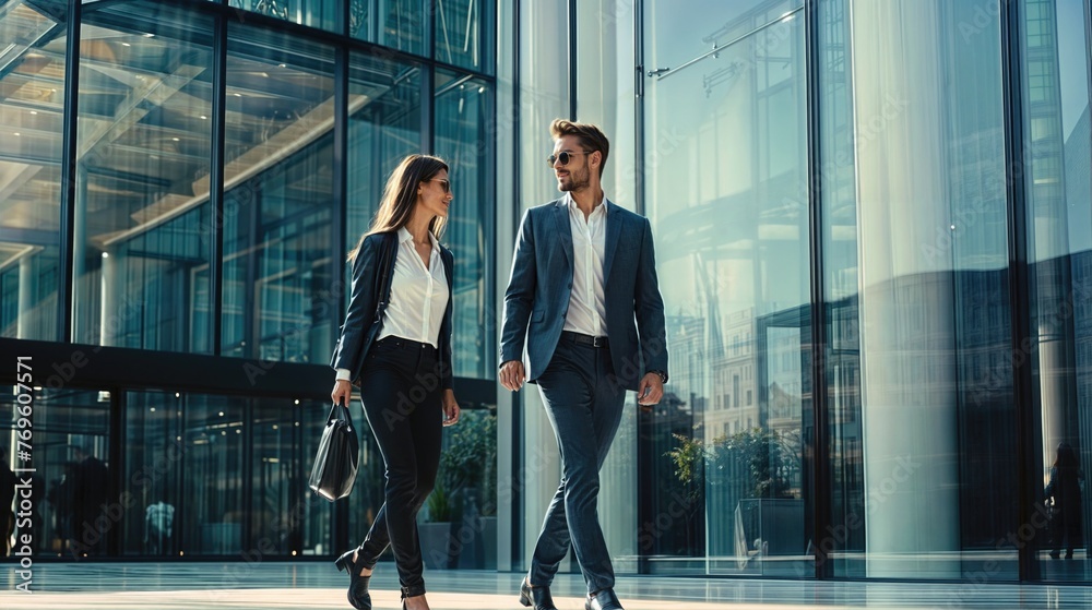 Obraz premium Business partner walking by office building