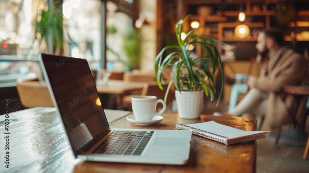 Coffee cup of businessman on cafe table with laptop computer Coffee cup of businessman on cafe table with laptop computer