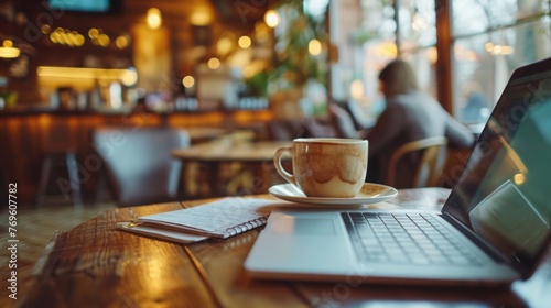 Coffee cup of businessman on cafe table with laptop computer