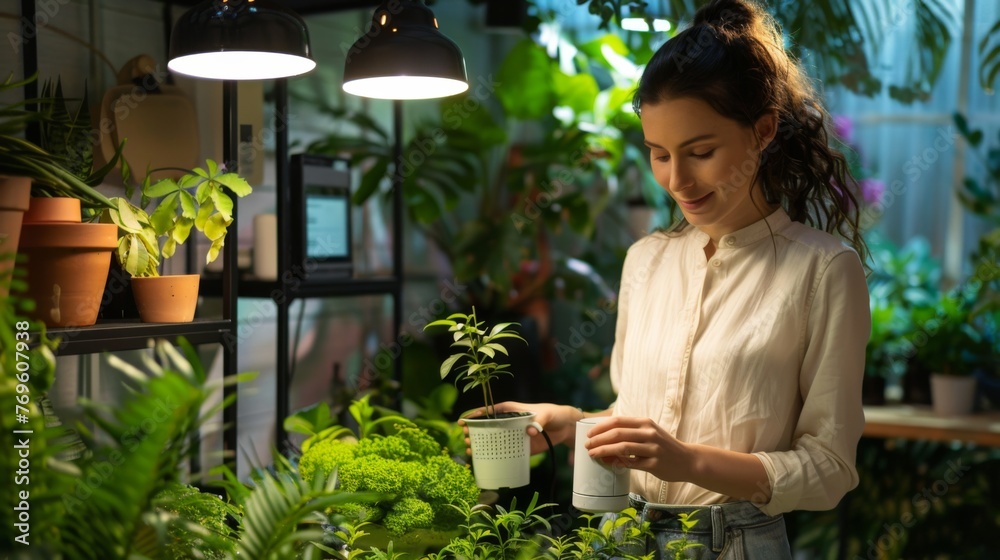 Woman Holding Potted Plant in Greenhouse Woman Holding Potted Plant in Greenhouse