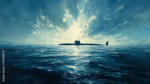 a Montigue Dawson painting depicting a secretive stealthy 1980s nuclearpowered submarine at the surface, calm waters, sunny sky, very few clouds,