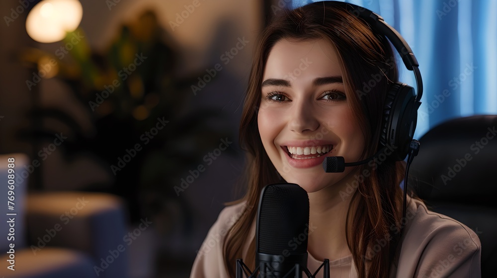 Smiling Woman Podcasting in Home Studio. A Friendly Host with a Headset. Modern Content Creation for Online Audience. Personal Broadcasting Setup. AI